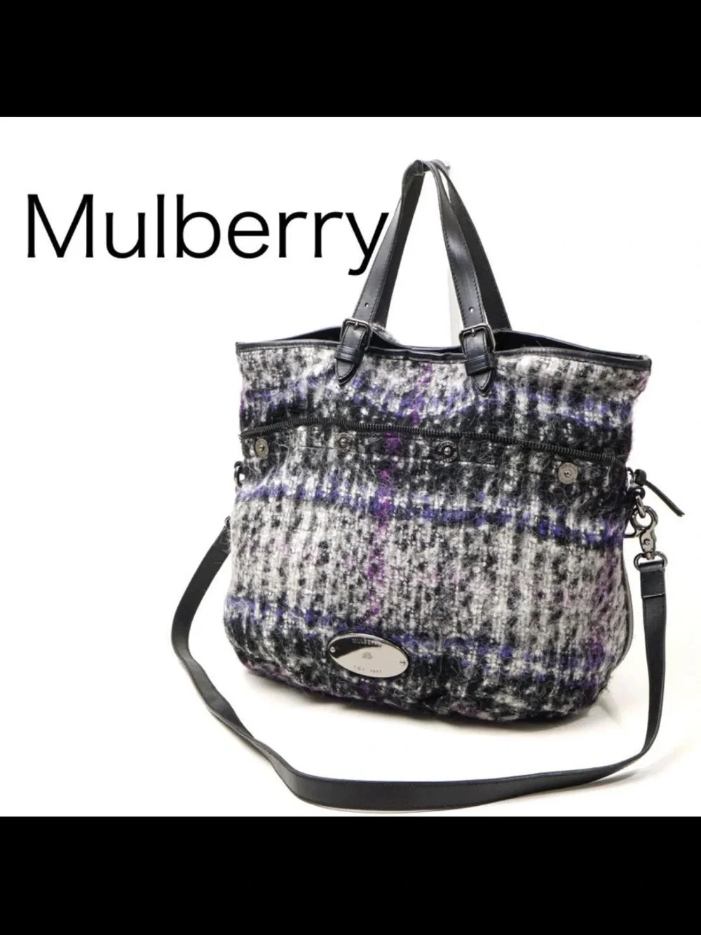 Mulberry Gray & Purple Plaid Wool Tote with Black Leather Trim